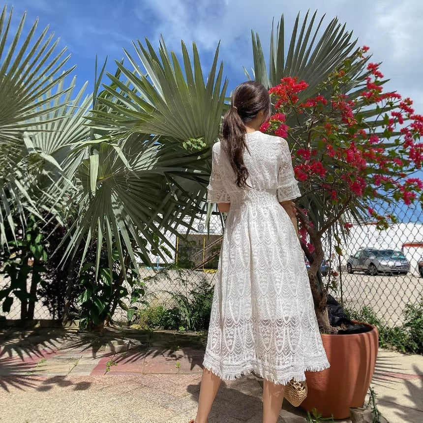 Vestido Blanco de Encaje Cintura Alta Mujer