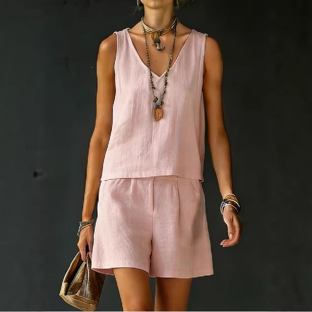 Conjunto de dos piezas para mujer — top sin mangas y shorts de lino y algodón
