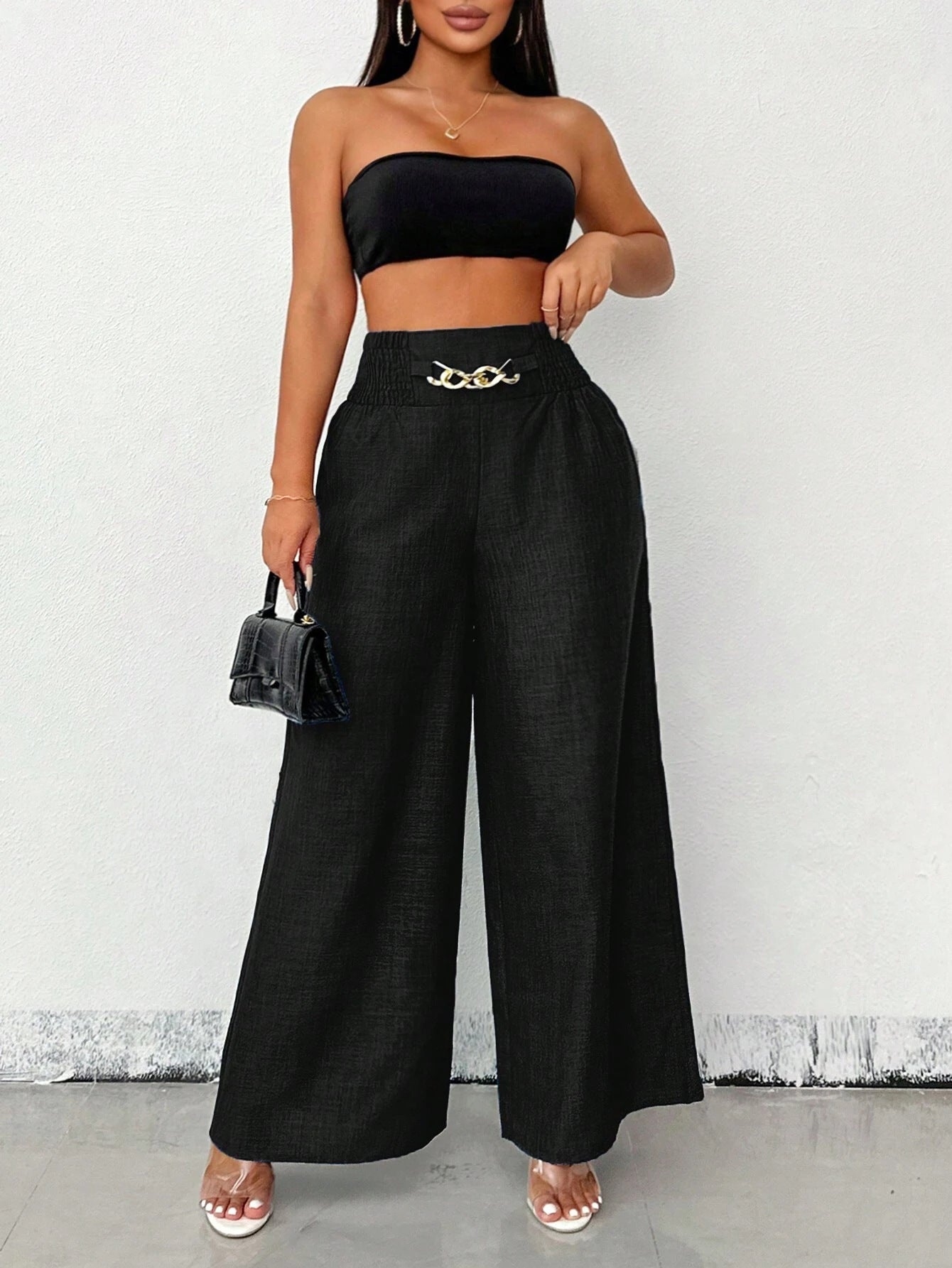 Pantalones largos de pierna ancha elásticos con caída retro y cintura alta