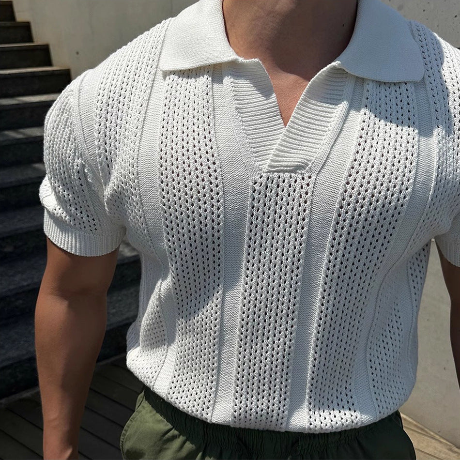 Polo de seda helada calada para hombre con cuello de solapa