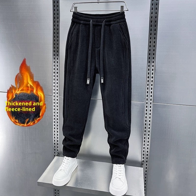 Pantalones casuales de invierno para hombre, de pana gruesa con forro polar.