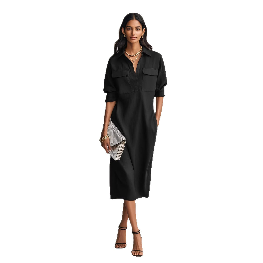 Women's French-style Elegant Commuter Shirt Dress With A Defined Waist, Slimming Fit
