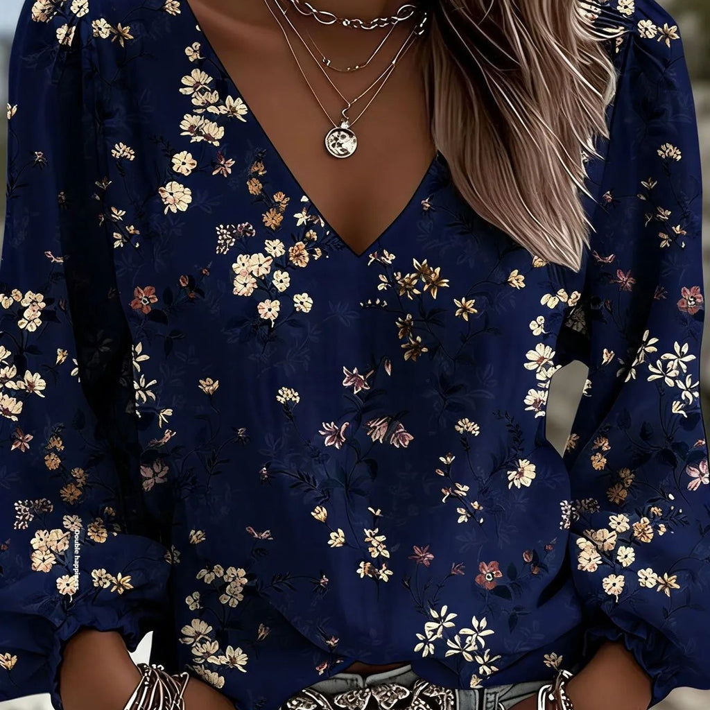 Camisa de manga larga informal y holgada para mujer con estampado floral.