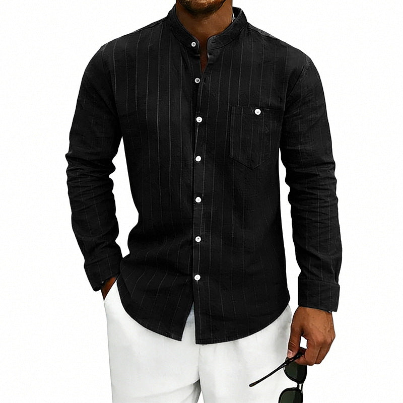 Camisa informal de manga larga con cuello alto y estampado jacquard de lino a rayas, corte holgado.