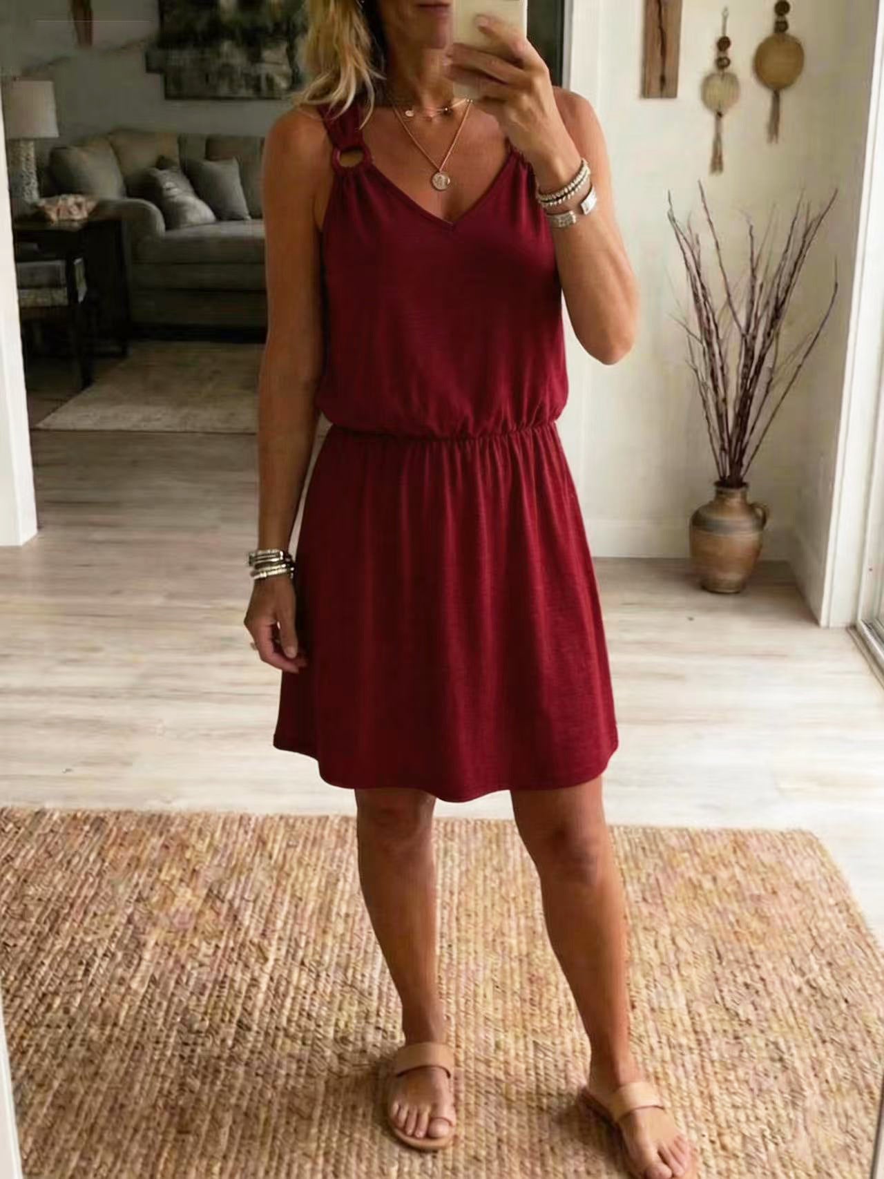 Vestido casual sin mangas con escote en V para mujer