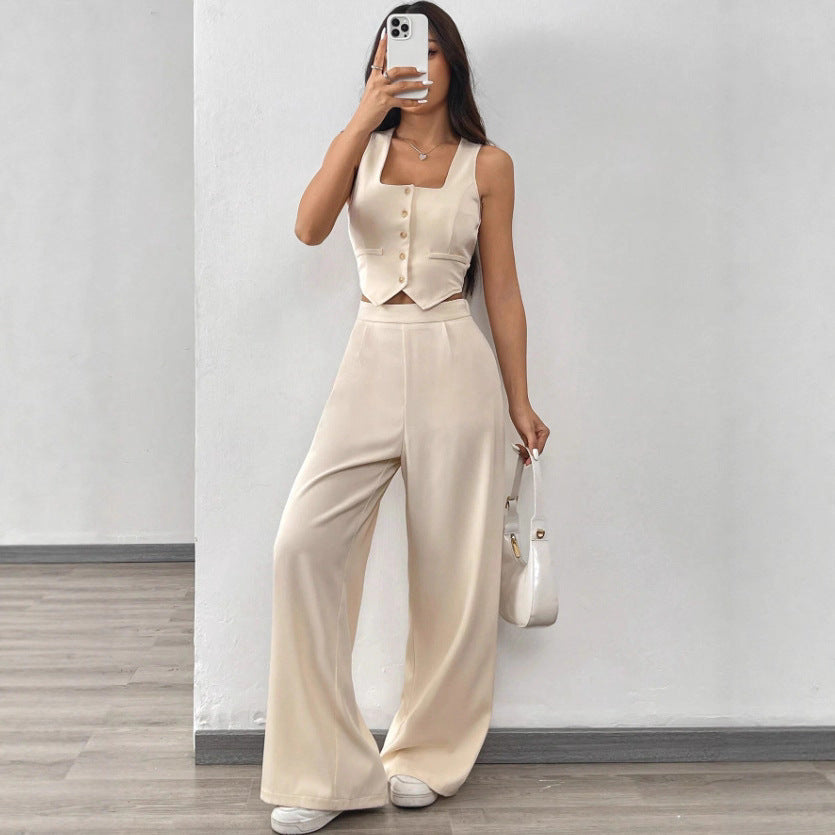 Conjunto Top Ajustado y Pantalón de Pierna Ancha de Talle Alto para Mujer