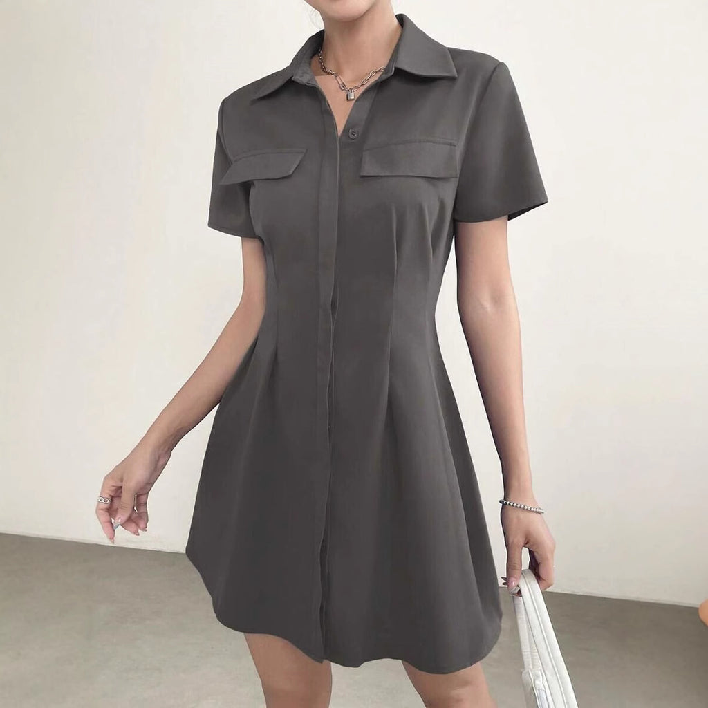 Vestido Camisero Midi Plisado con Cuello Solapa y Cintura Marcada