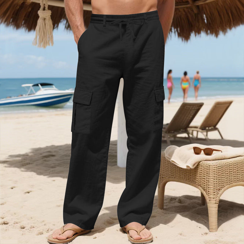Pantalones de lino para hombre con cordón ajustable, múltiples bolsillos y pierna recta, ideales para el verano