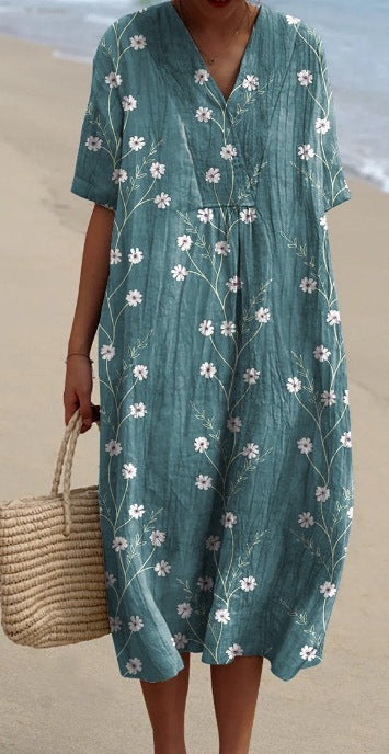 Vestido con Escote en V y Estampado Floral