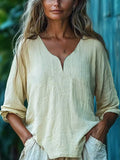 Top de mujer informal holgado de manga larga con cuello en V, de algodón y lino, color liso.