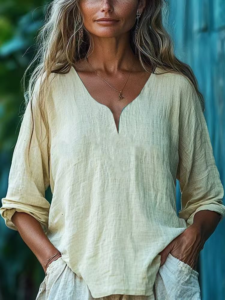 Top de mujer informal holgado de manga larga con cuello en V, de algodón y lino, color liso.