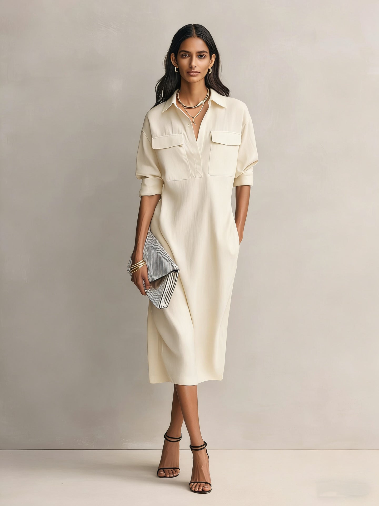 Vestido Camisero Elegante Estilo Francés Mujer