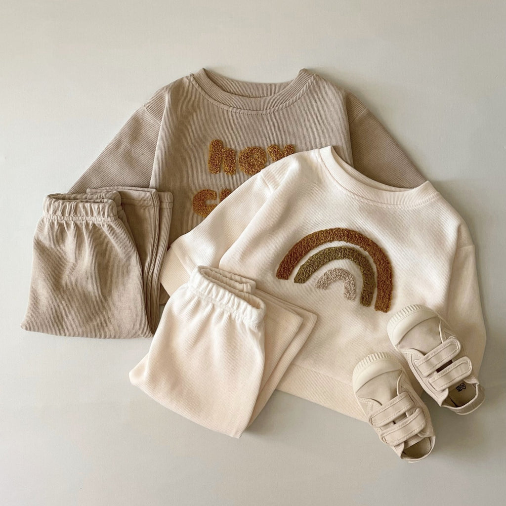 Newborn Baby Long Sleeve Two-Piece Set with Alphabet Embroidery, ideal for spring and autumn.