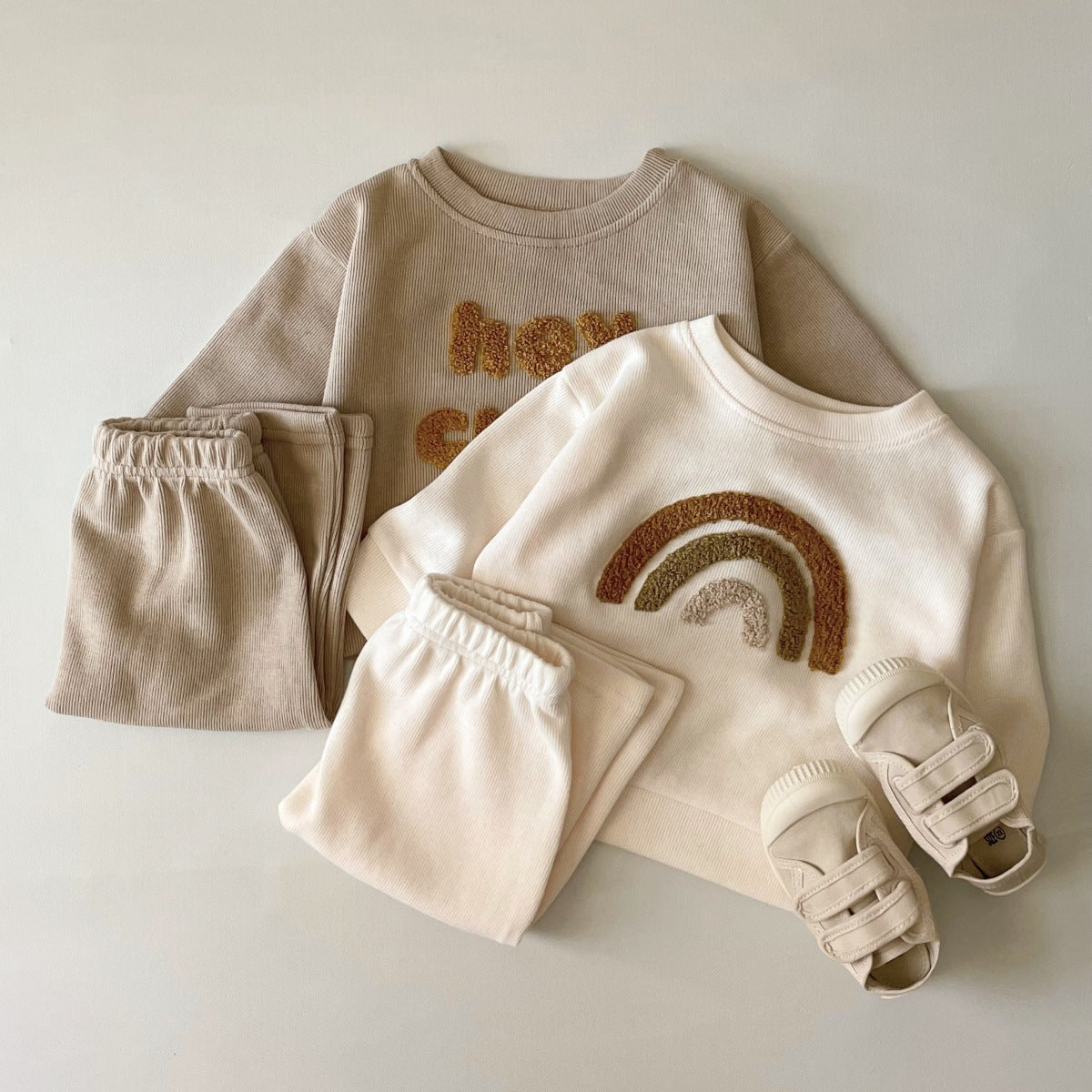 Newborn Baby Long Sleeve Two-Piece Set with Alphabet Embroidery, ideal for spring and autumn.
