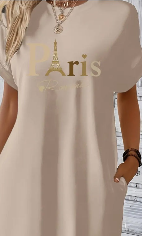 Vestido túnica midi con cuello redondo y estampado parisino - Estampado geométrico, elasticidad media, semitransparente, dos bolsillos, corte holgado, lavable a máquina, perfecto para primavera, verano y otoño - Vestido casual de manga corta para mujer
