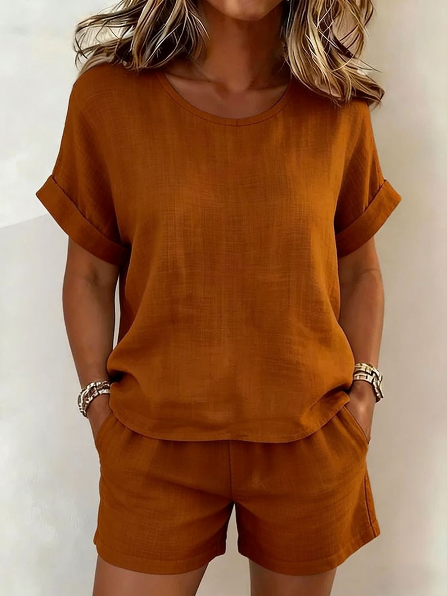Conjunto Dos Piezas Informal Color Liso Cuello Redondo Manga Corta Mujer
