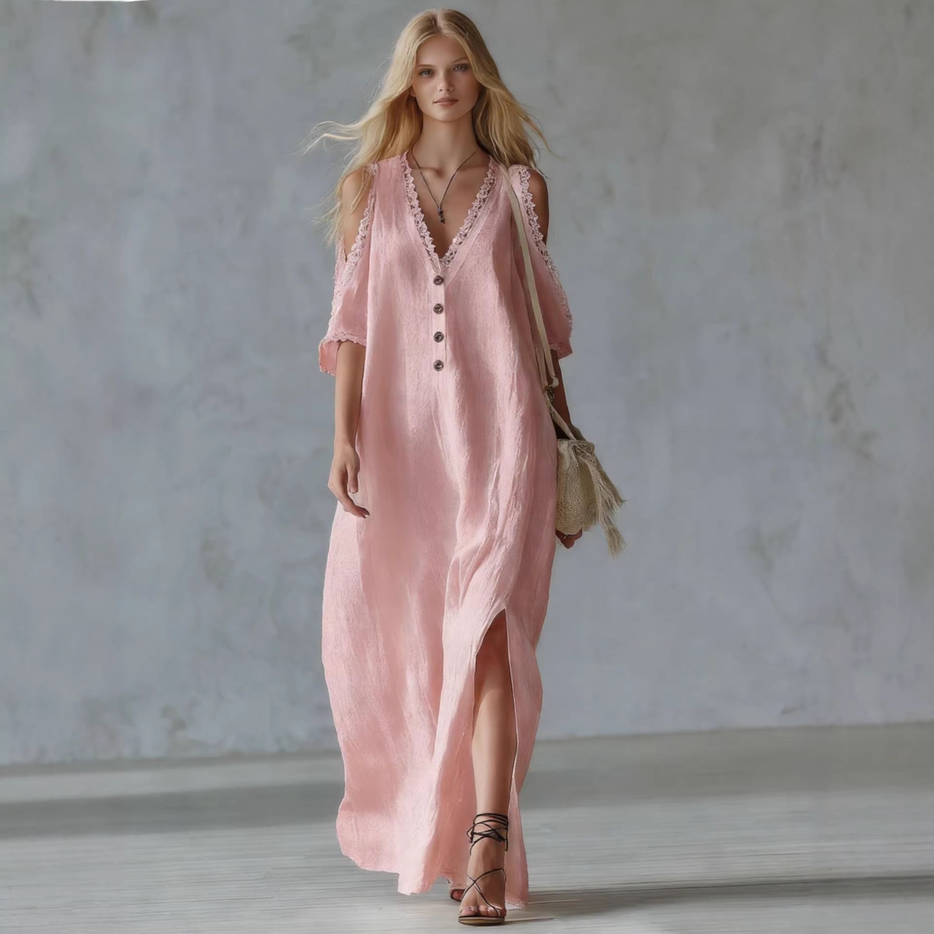 Nuevo vestido casual de mujer de corte holgado con ribete de encaje.