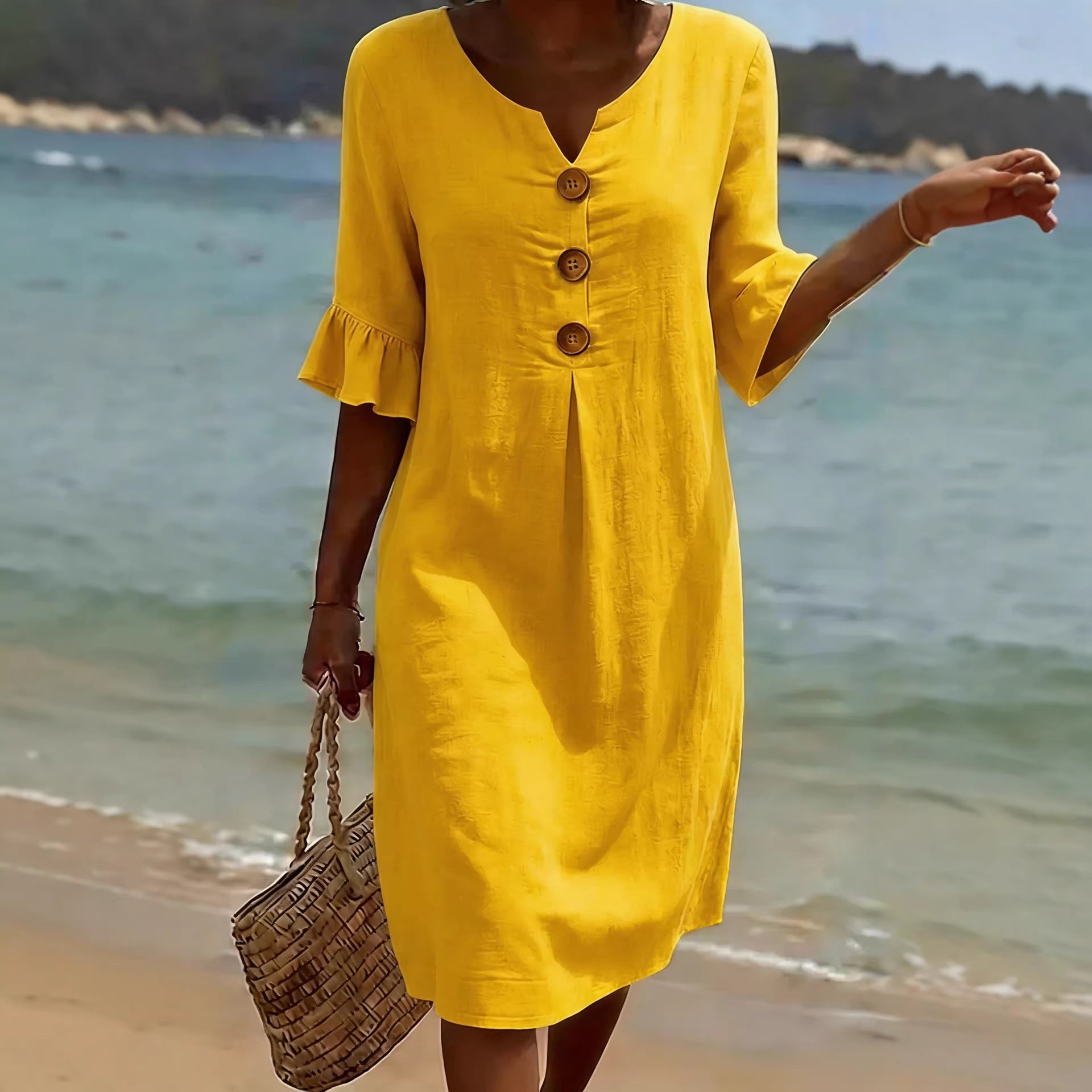 Women's plain solid color cotton dress, ideal for summer.