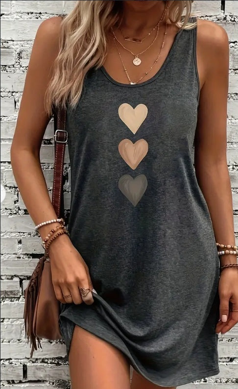 Vestido sin mangas con cuello redondo y estampado de corazones vibrantes - Suave, transpirable, diseño sin mangas para primavera y verano - Ropa casual para mujer para uso diario