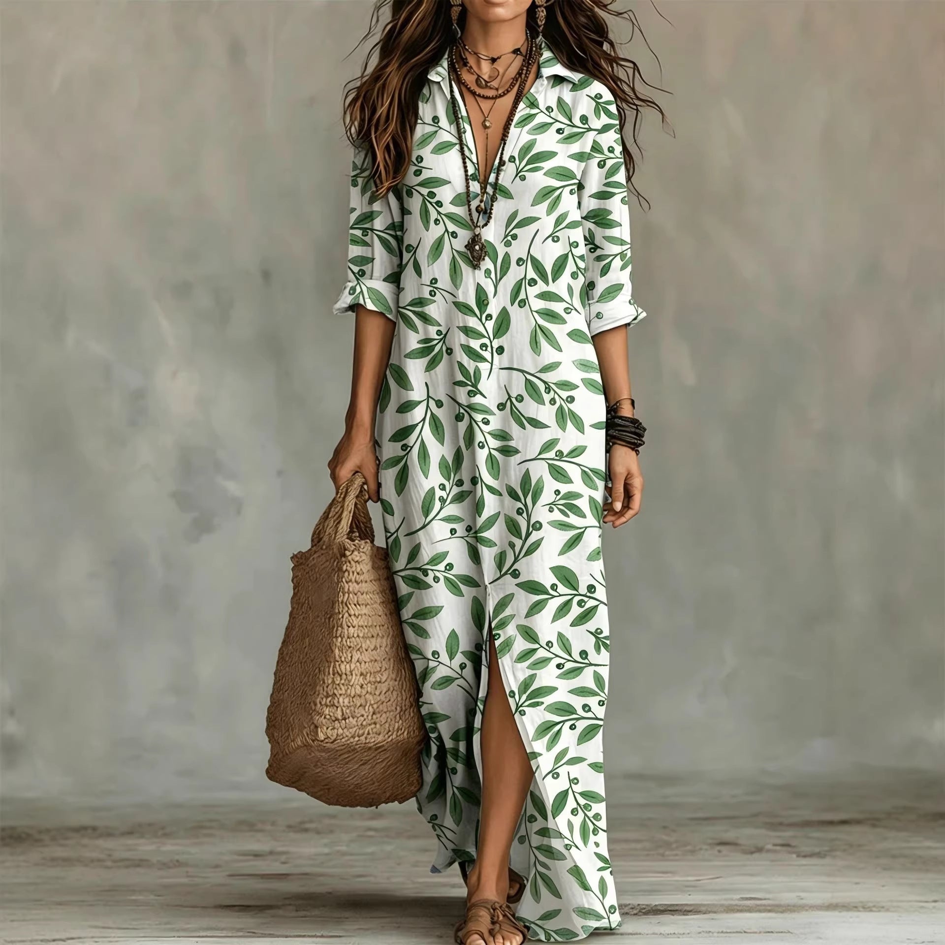 Vestido Camisero Largo con Estampado Digital para Mujer — Poliéster