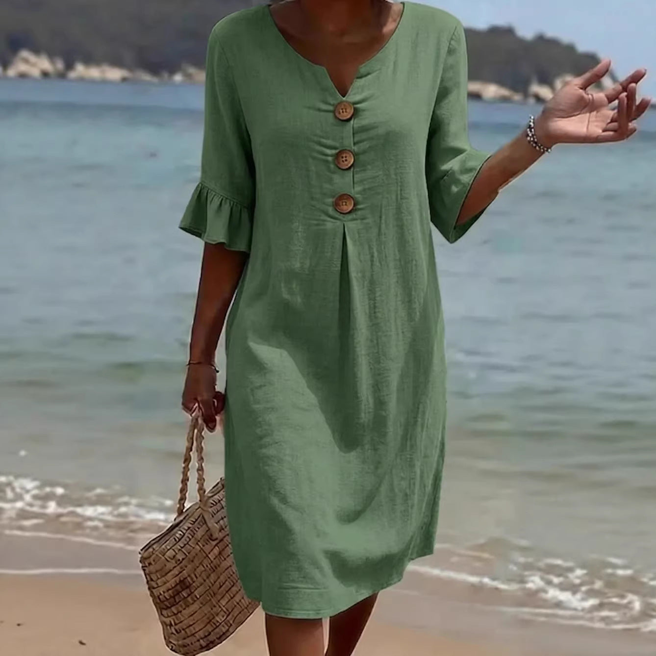 Women's plain solid color cotton dress, ideal for summer.