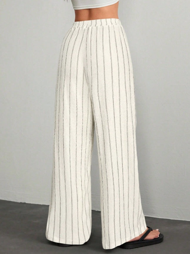 Pantalones anchos de mujer con textura a rayas y cintura elástica