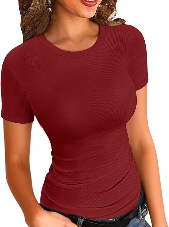 Camiseta de Manga Larga Elástica Cuello Redondo Acanalada para Mujer