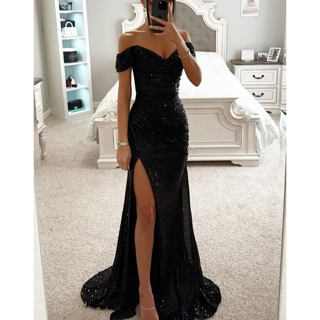 Vestido de Fiesta con Lentejuelas Escote Descubierto Mujer