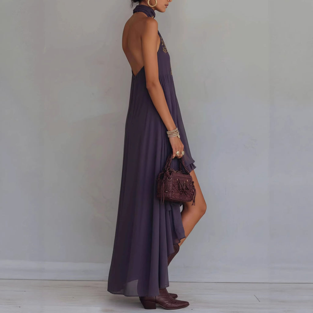 Vestido Maxi sin Mangas con Cuello Alto y Bordado Morado