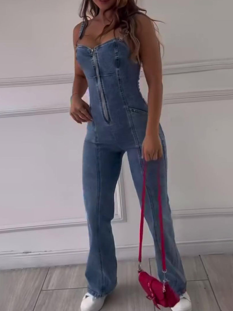 Sleeveless paneled denim jumpsuit with zipper