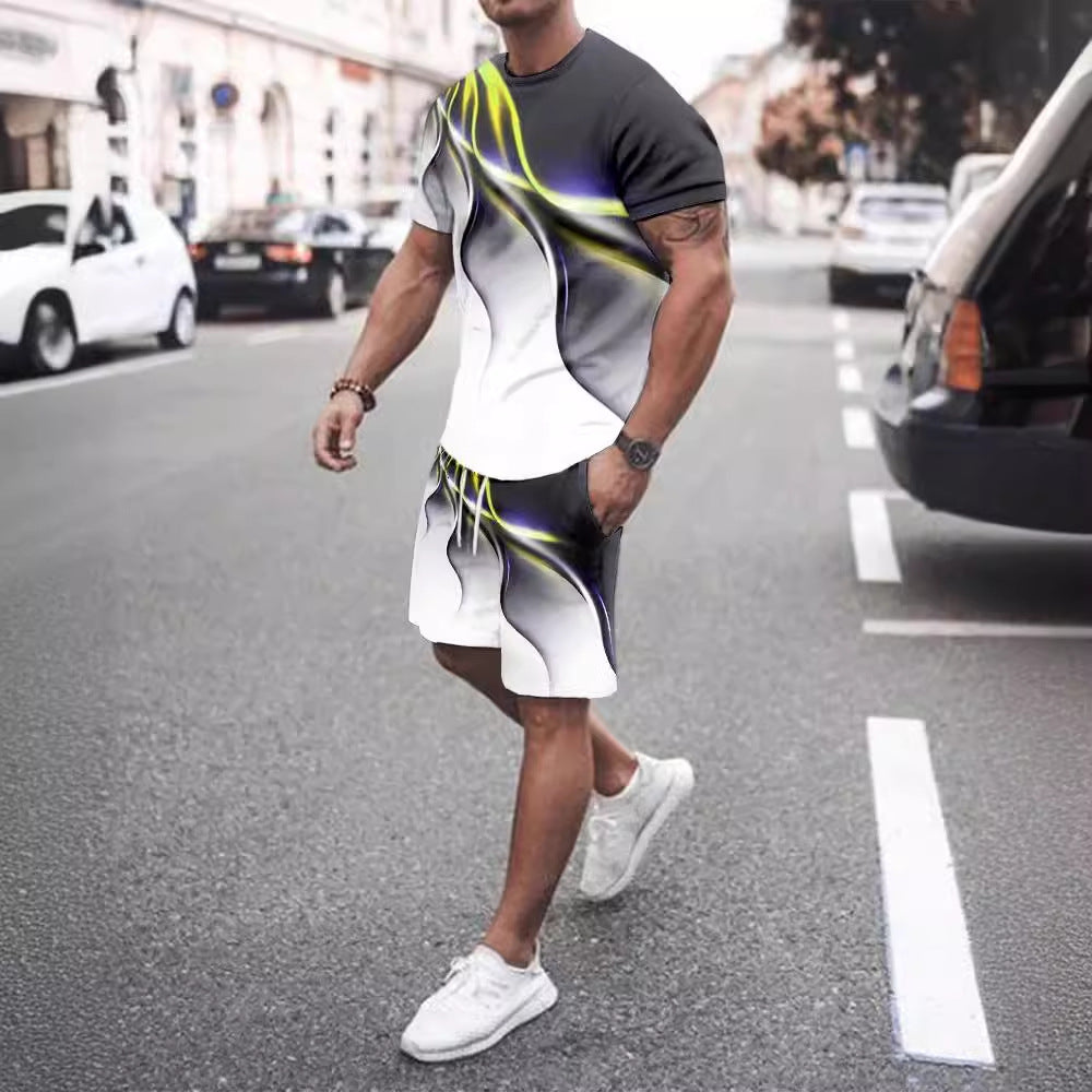 Conjunto deportivo informal de dos piezas para hombre — camiseta y pantalón corto estampados