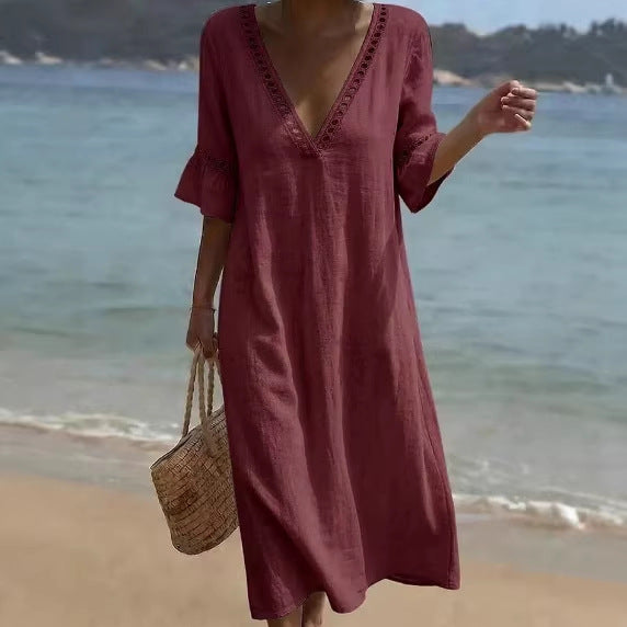 Vestido Holgado de Algodón y Lino con Encaje y Escote en V