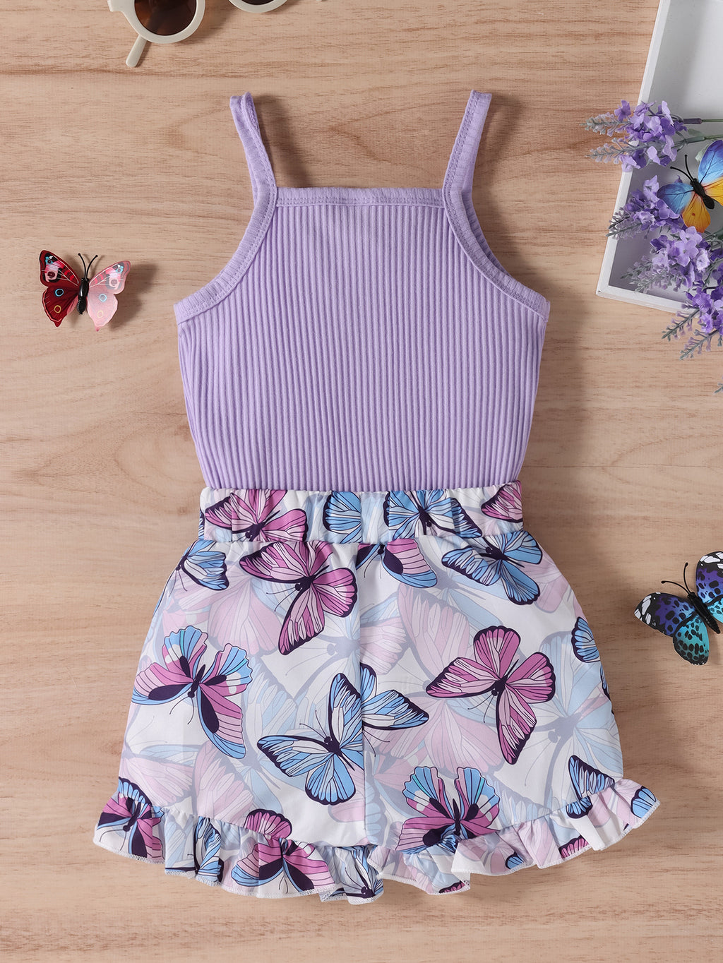 Conjunto Dos Piezas Niña Shorts Morados con Mariposas — Verano