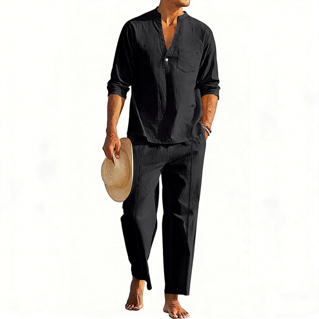 Conjunto informal de pantalón recto y camiseta Henley de manga larga para hombre