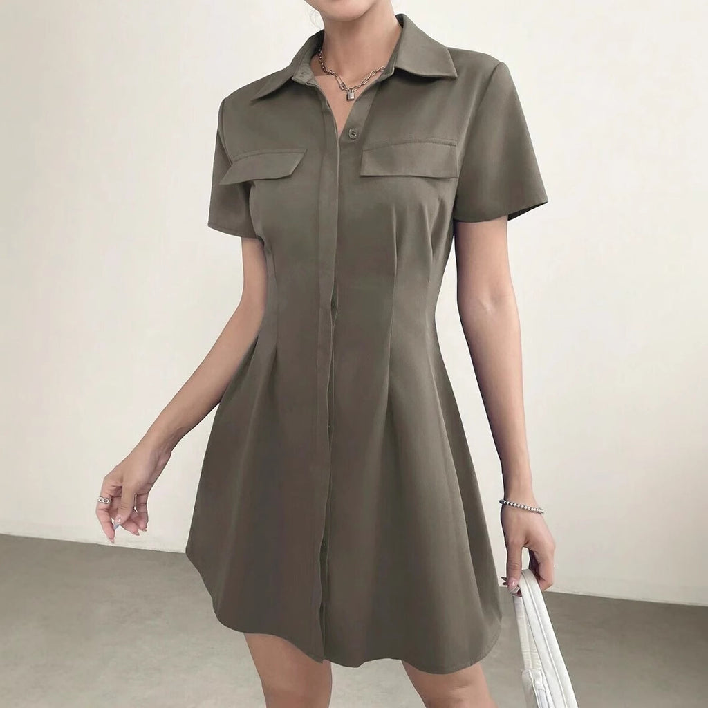Vestido Camisero Midi Plisado con Cuello Solapa y Cintura Marcada