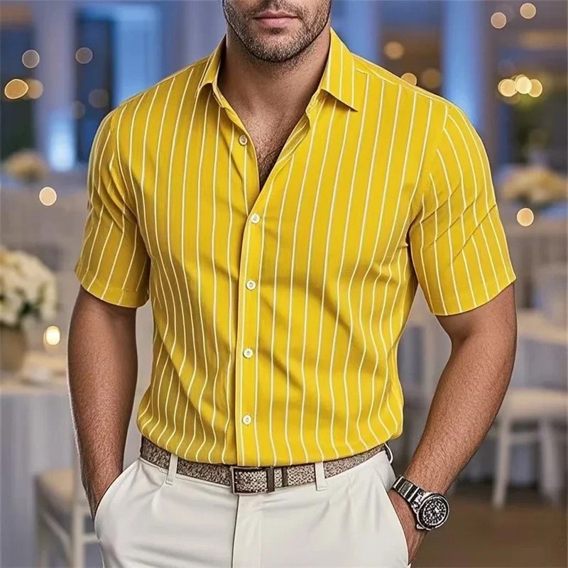 Camisa de manga corta a rayas estampada para hombre