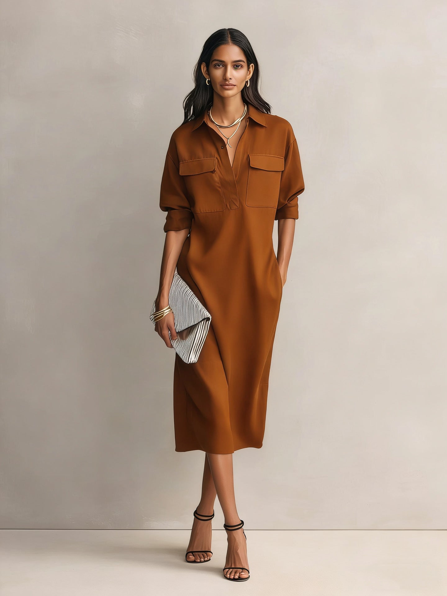 Vestido Camisero Elegante Estilo Francés Mujer