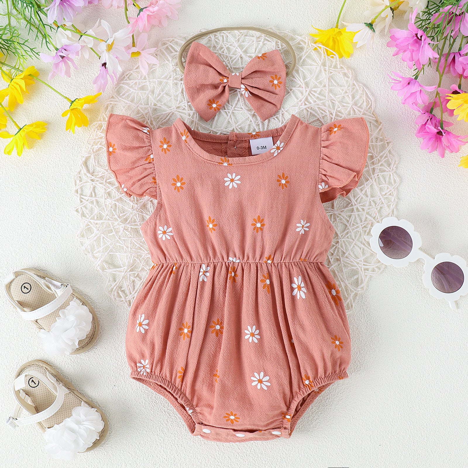 Mono Estampado Multicolor para Bebé con Tocado de Lazo — Algodón