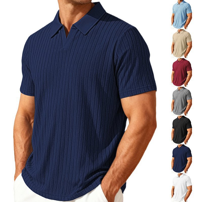 Camisa informal de manga corta a rayas con solapa de jacquard y tejido tipo toalla para hombre