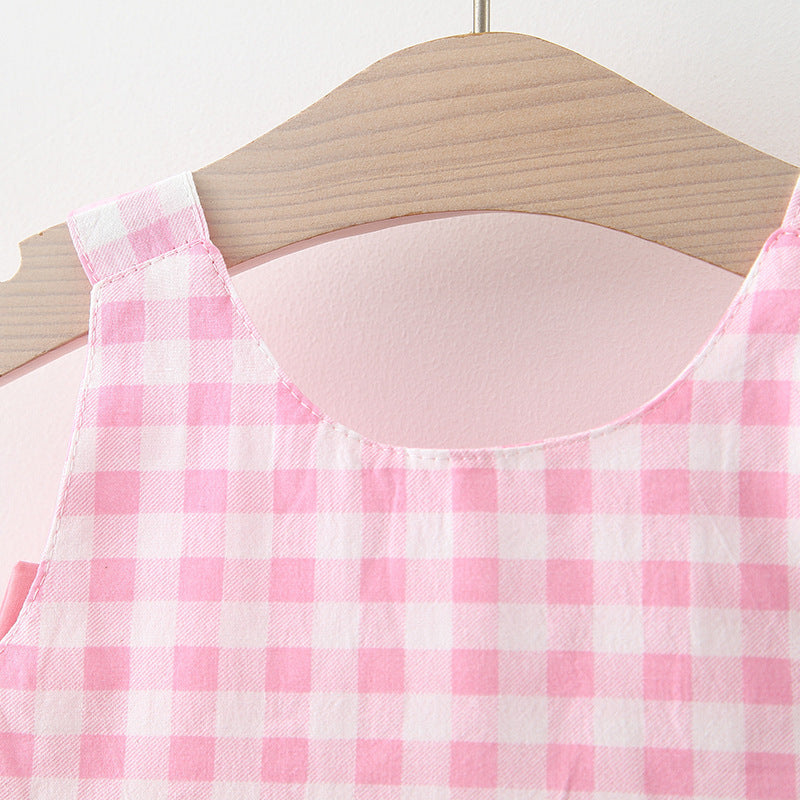 Vestido a Cuadros para Bebé Niña con Sombrero de Paja — Algodón
