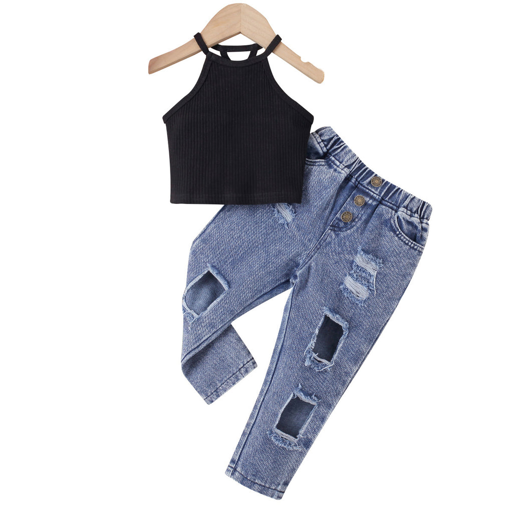 Conjunto de Dos Piezas para Niña: Jersey sin Mangas y Pantalón Vaquero